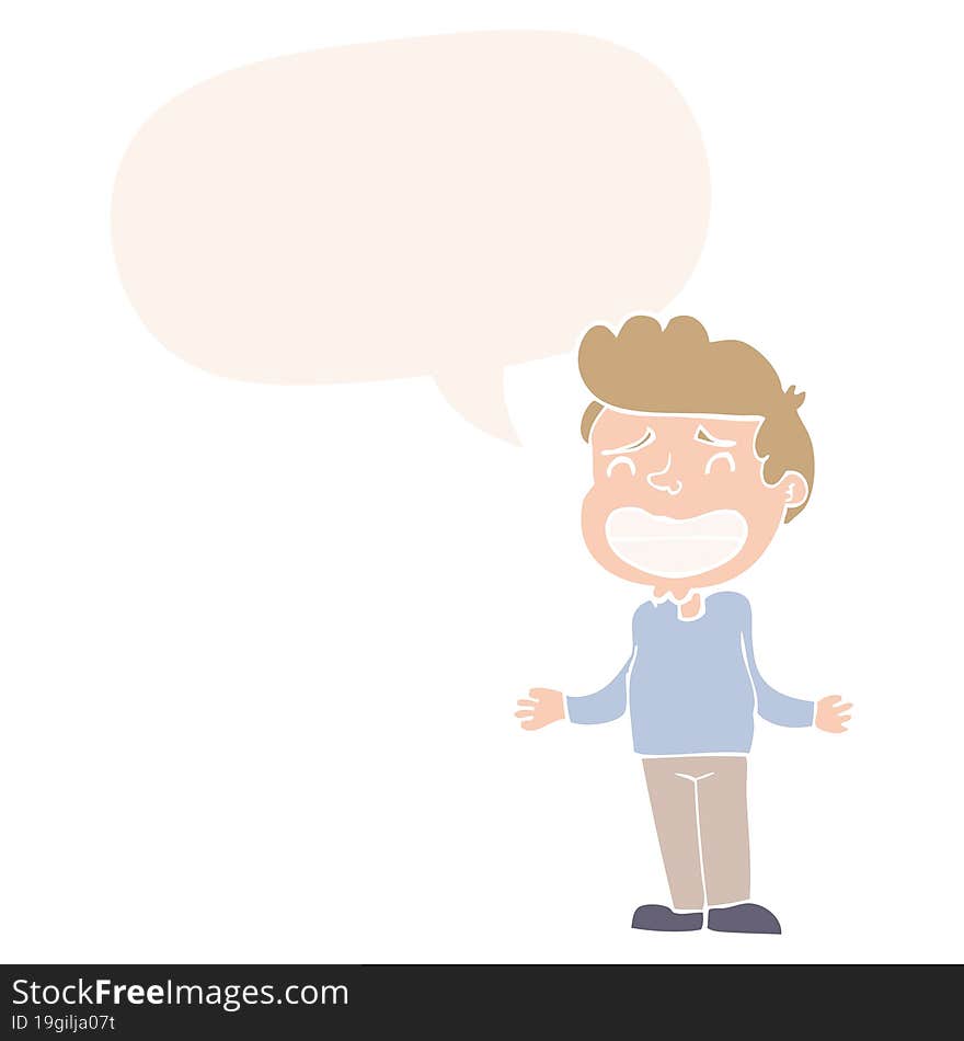 Cartoon Boy Shrugging And Speech Bubble In Retro Style