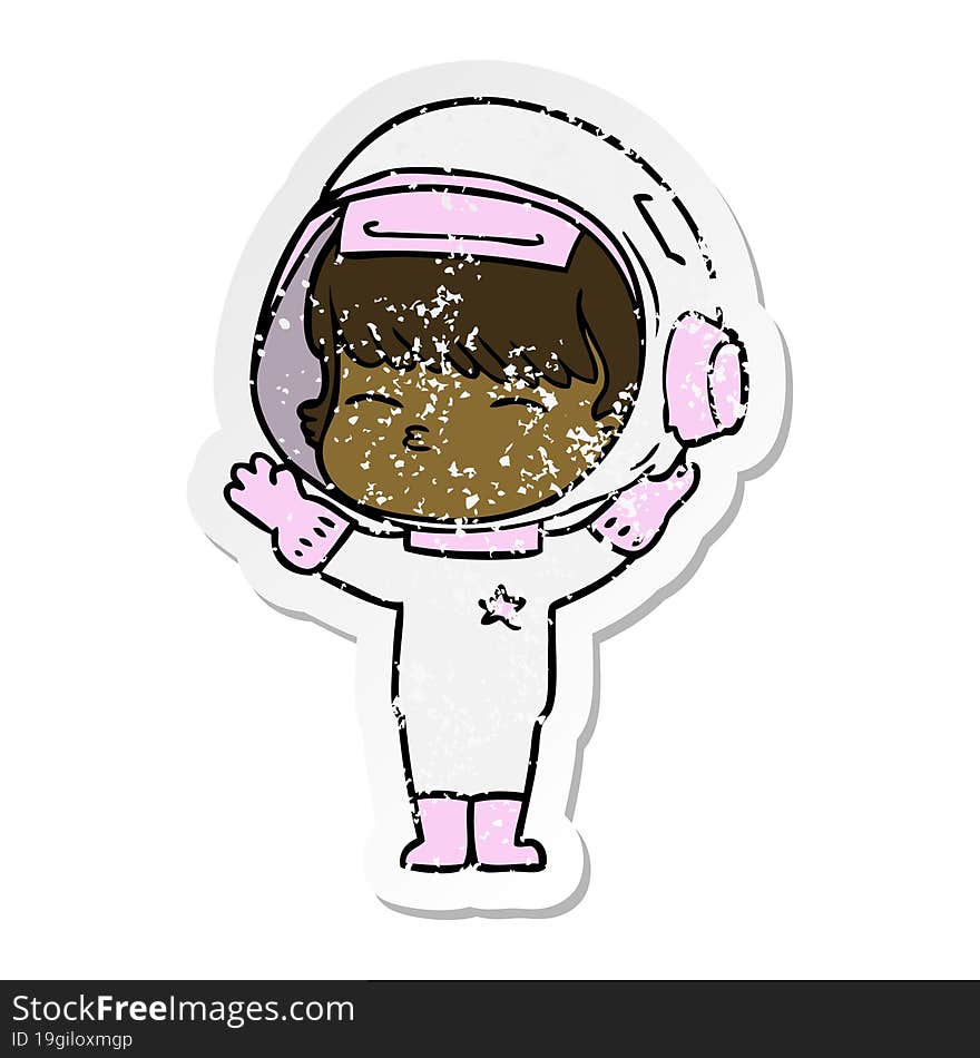 distressed sticker of a cartoon curious astronaut