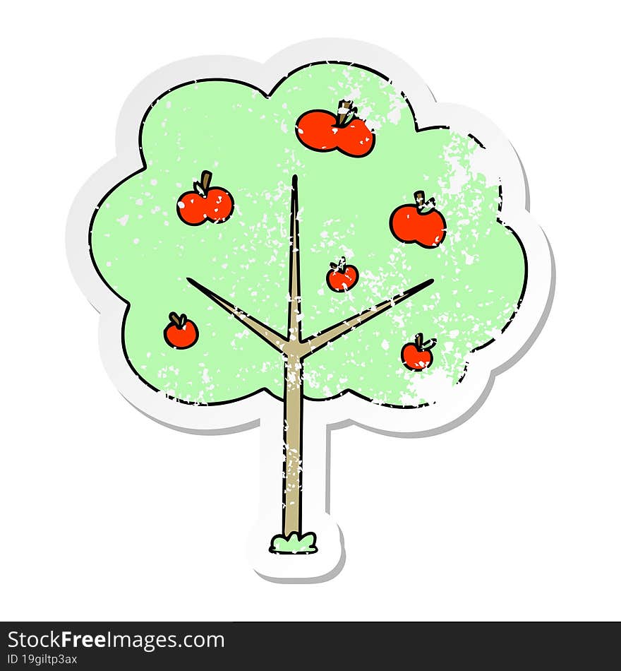 distressed sticker of a quirky hand drawn cartoon apple tree