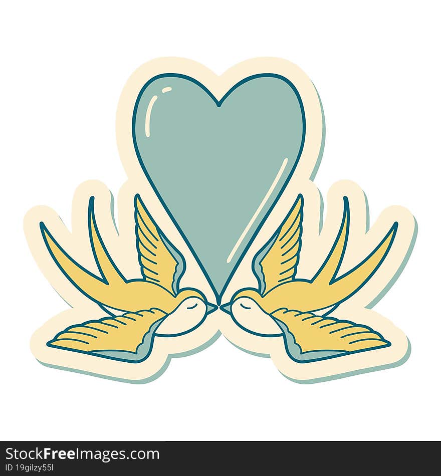 sticker of tattoo in traditional style of swallows and a heart. sticker of tattoo in traditional style of swallows and a heart