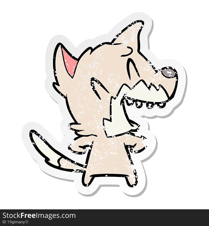 distressed sticker of a laughing fox cartoon