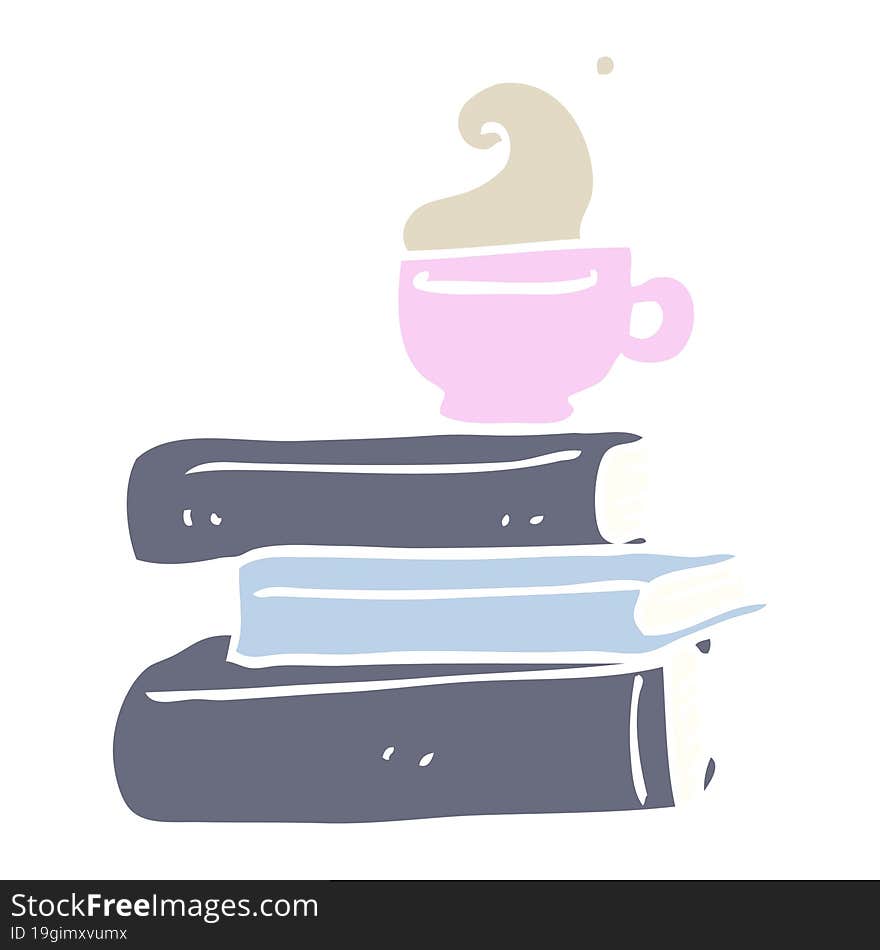 flat color illustration cartoon books and cup of coffee