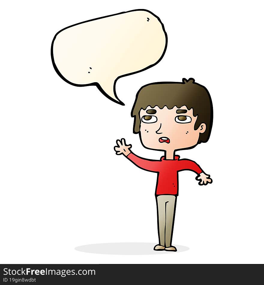 cartoon unhappy boy waving with speech bubble