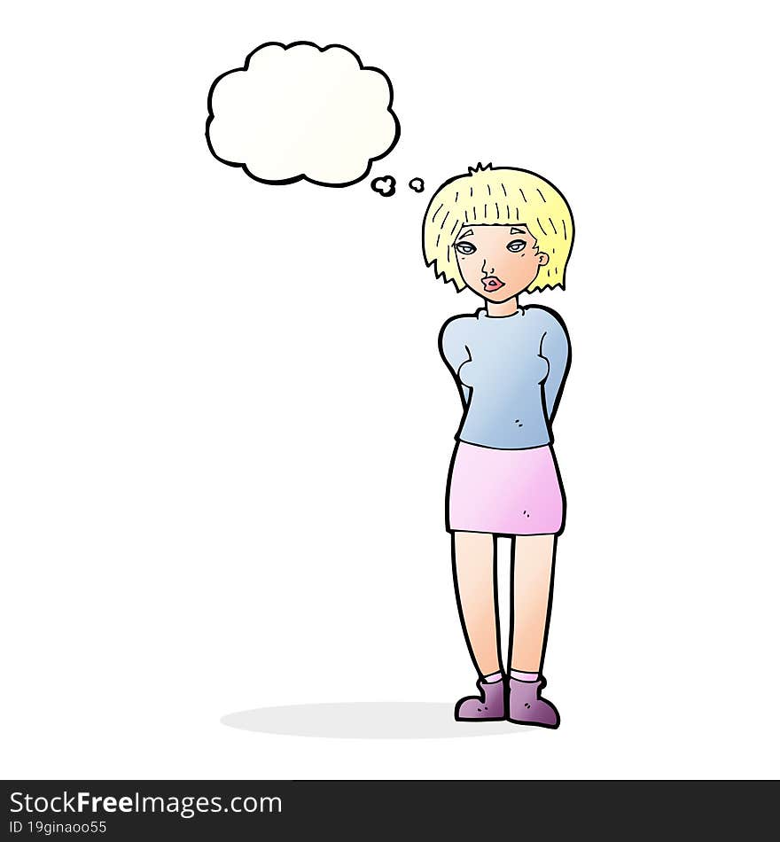 cartoon shy woman with thought bubble