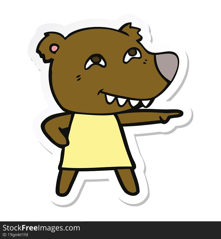 Sticker Of A Cartoon Pointing Bear Girl Showing Teeth