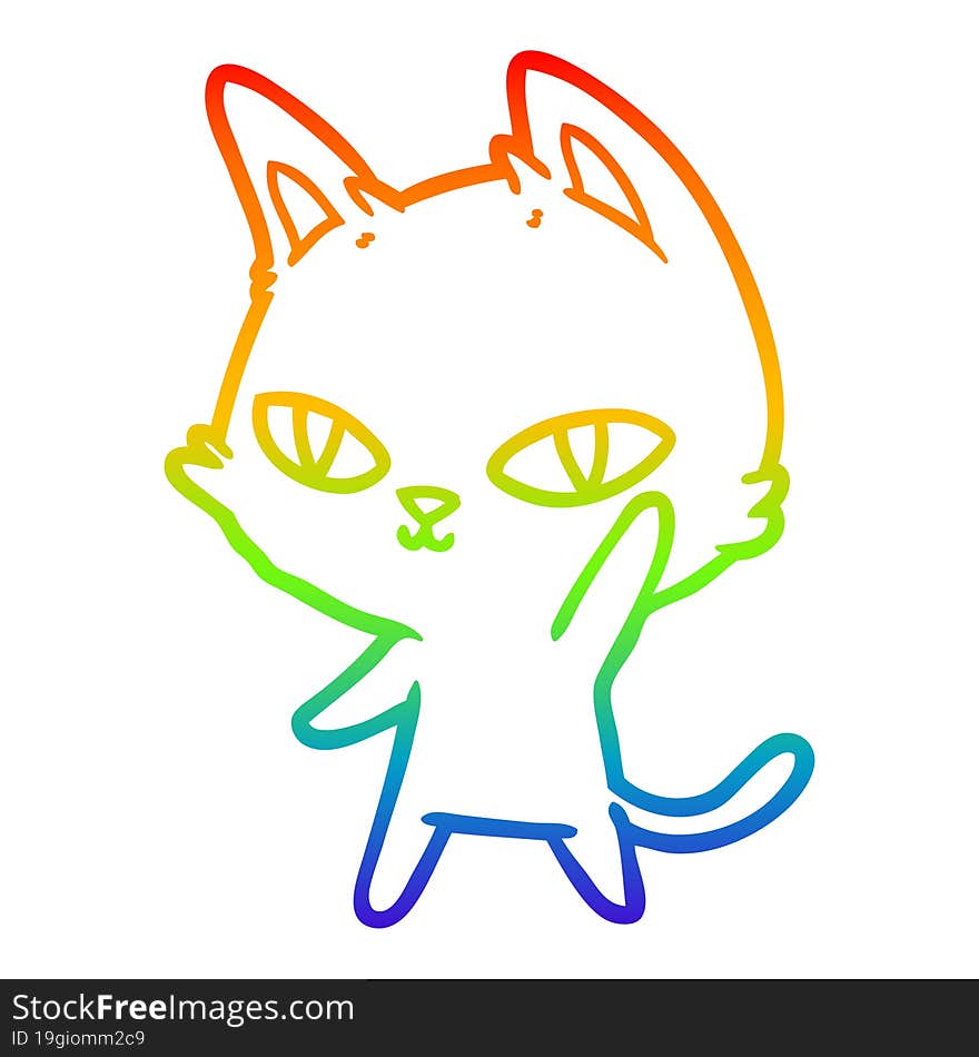 rainbow gradient line drawing cartoon cat waving