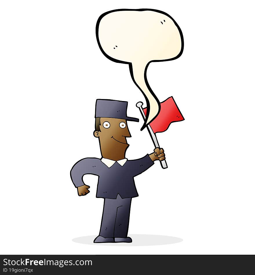 cartoon man waving flag with speech bubble