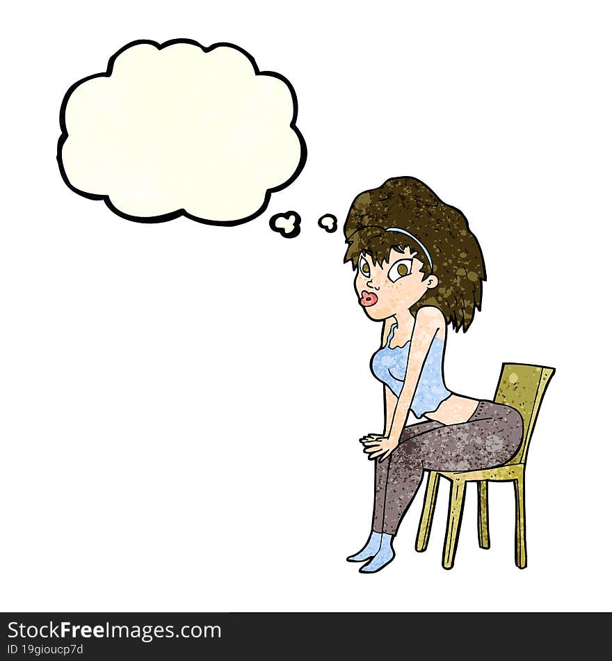 cartoon woman posing on chair with thought bubble