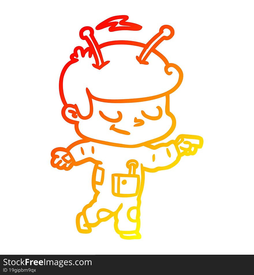 Warm Gradient Line Drawing Friendly Cartoon Spaceman Pointing