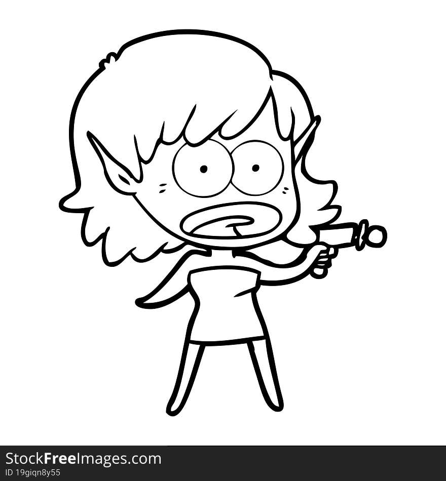 cartoon shocked alien girl with ray gun. cartoon shocked alien girl with ray gun