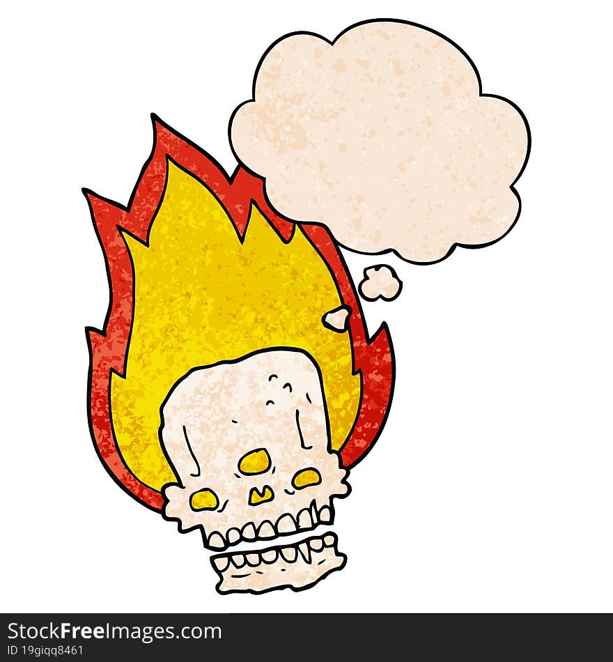 spooky cartoon flaming skull and thought bubble in grunge texture pattern style