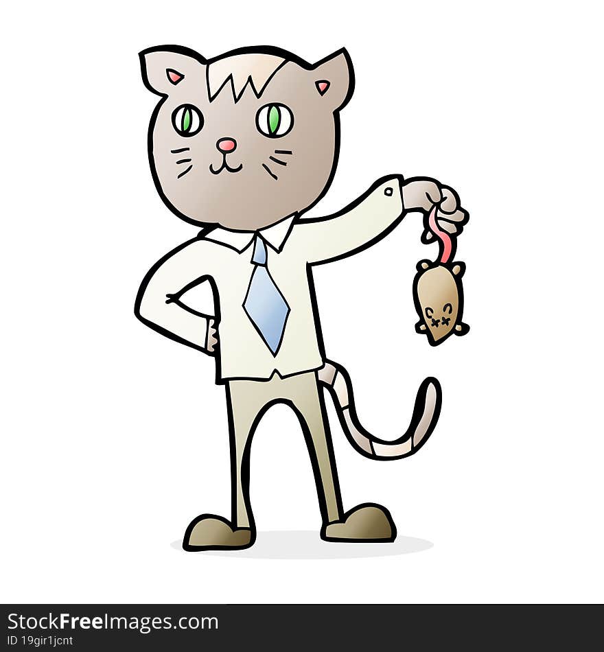 cartoon business cat with dead mouse