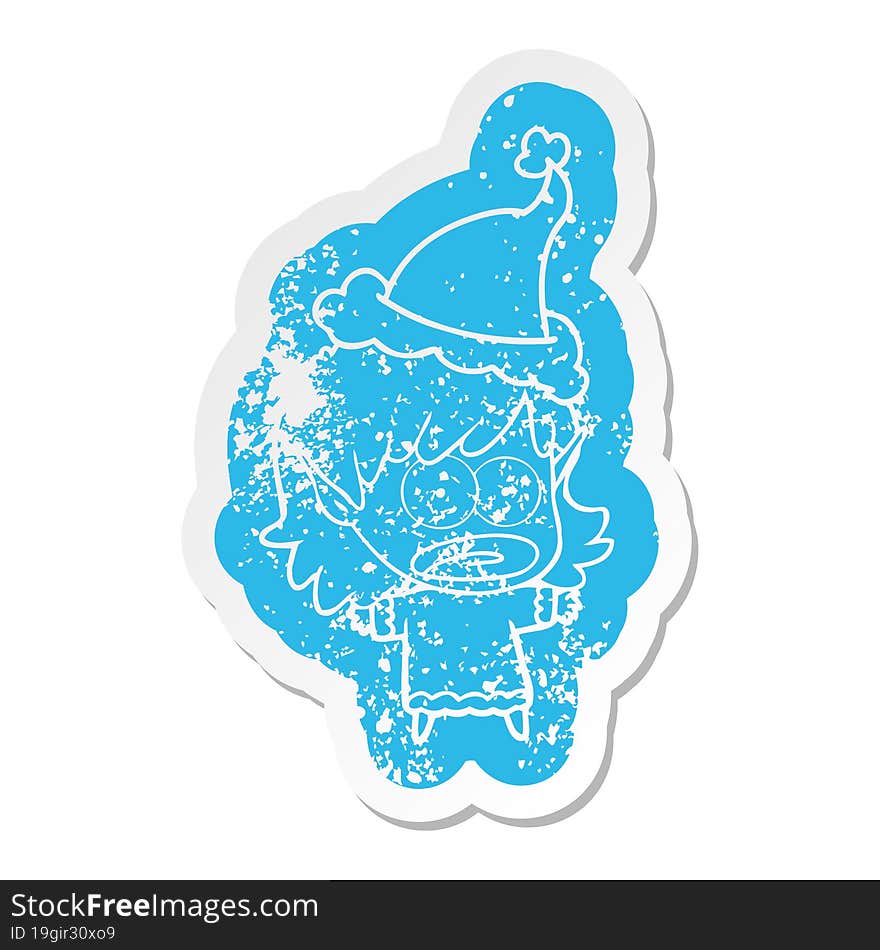 cartoon distressed sticker of a shocked elf girl wearing santa hat