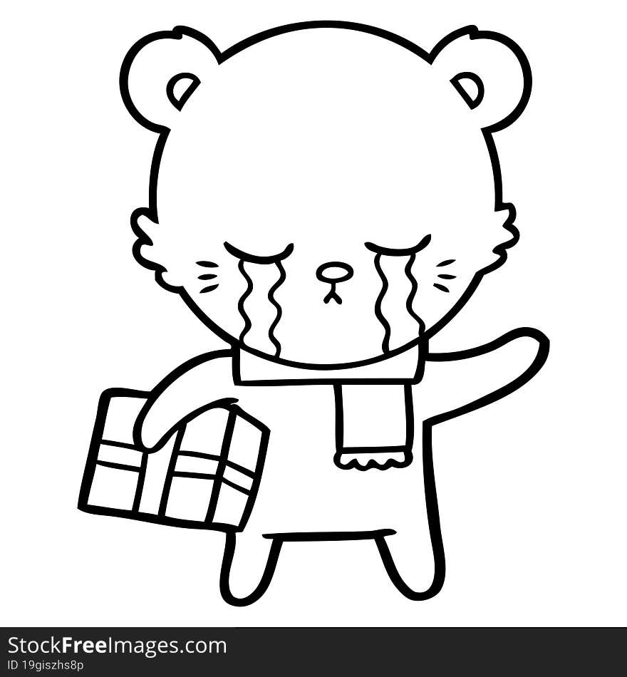 crying cartoon bear with present. crying cartoon bear with present