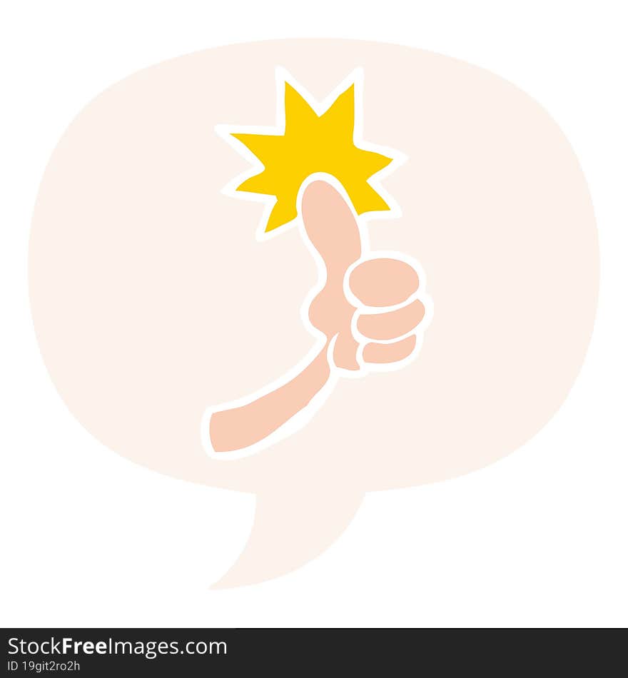 cartoon thumbs up sign and speech bubble in retro style