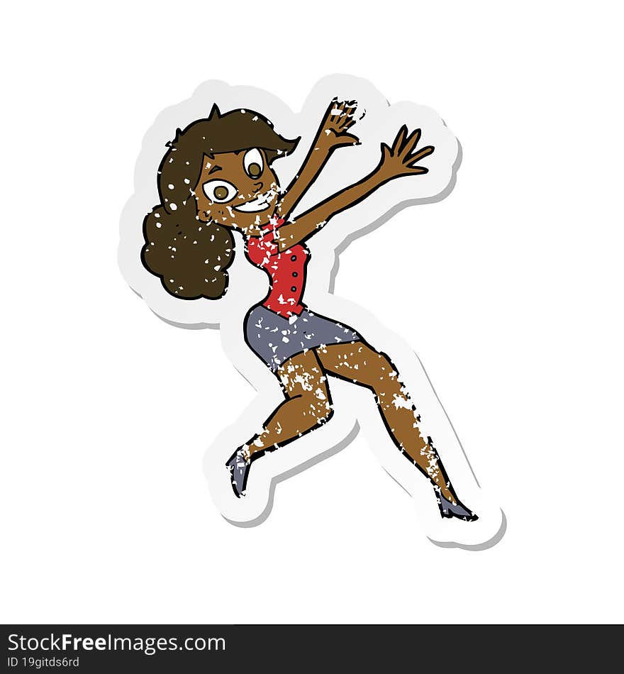 retro distressed sticker of a cartoon happy woman jumping