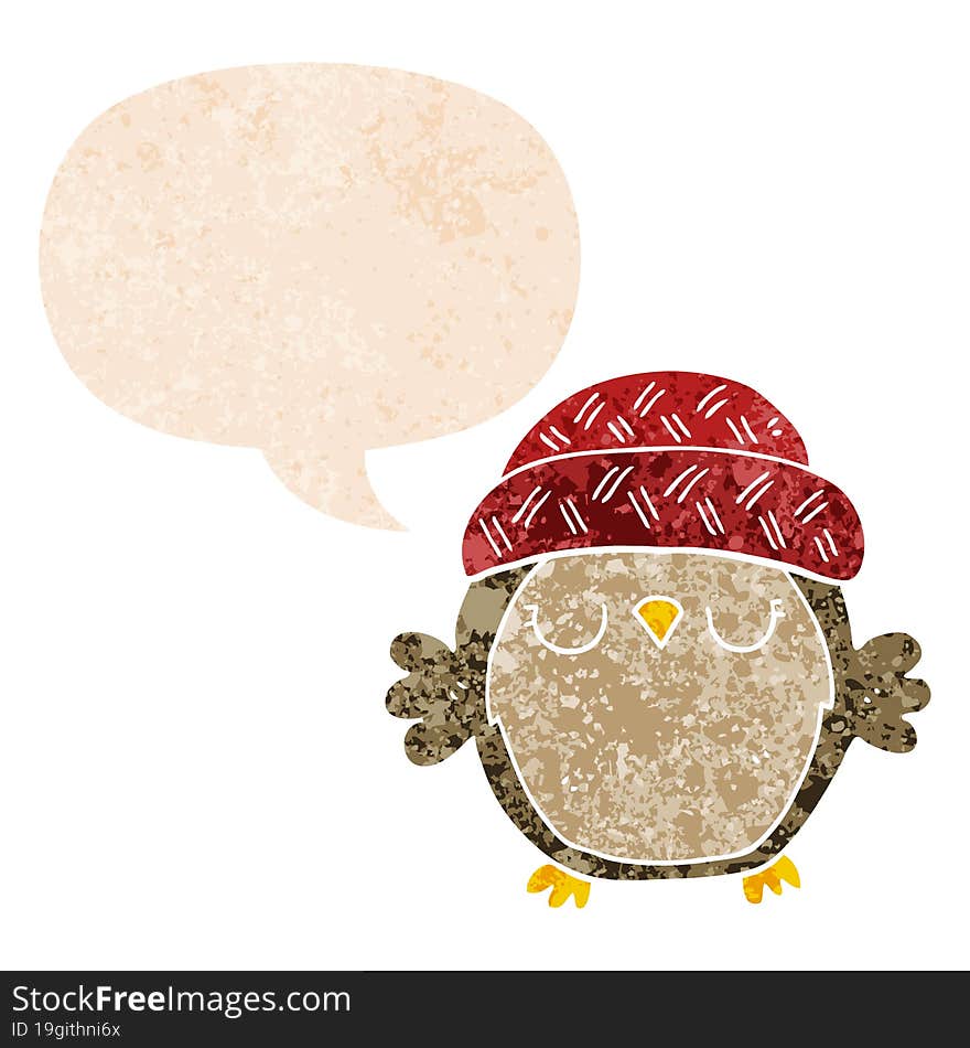 cute cartoon owl in hat and speech bubble in retro textured style