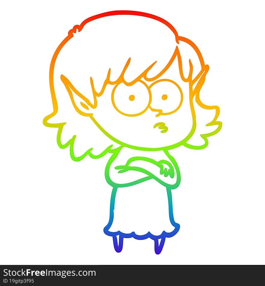 Rainbow Gradient Line Drawing Cartoon Elf Girl Staring