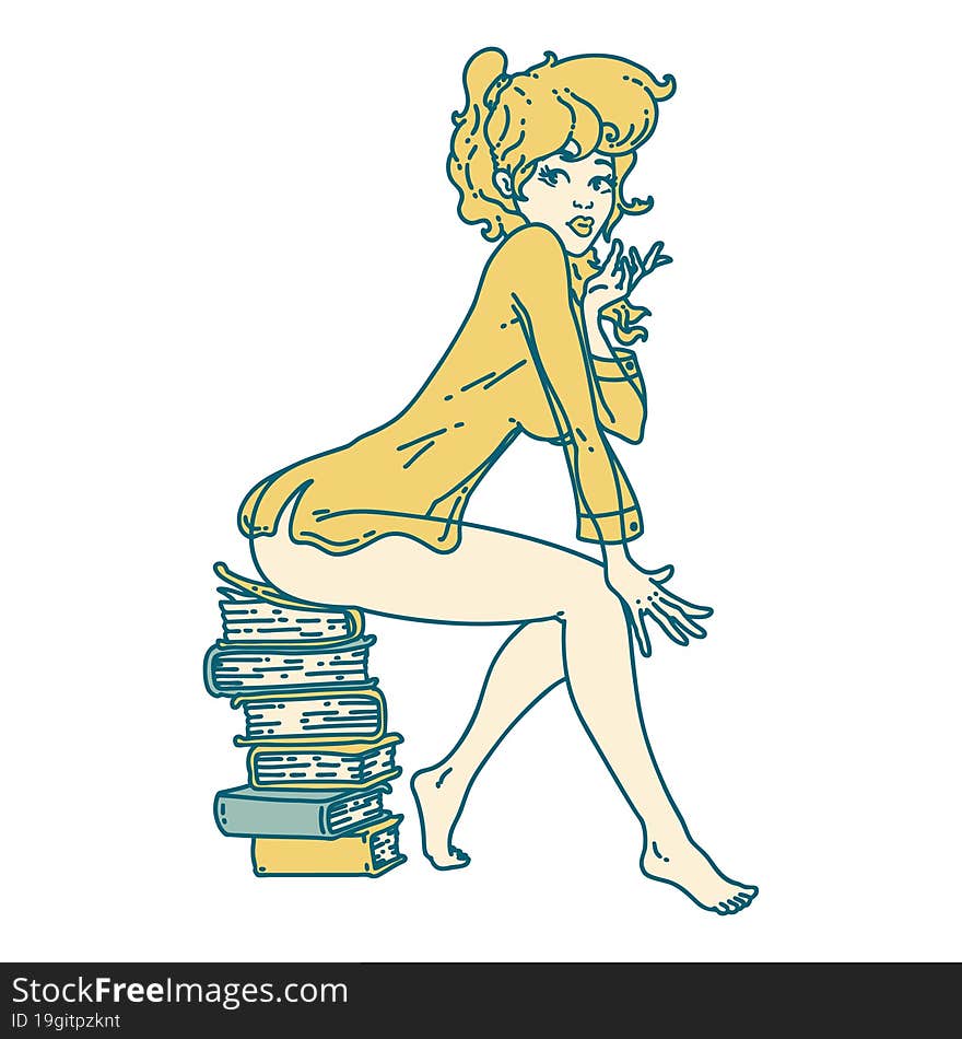 tattoo style icon  of a pinup girl sitting on books