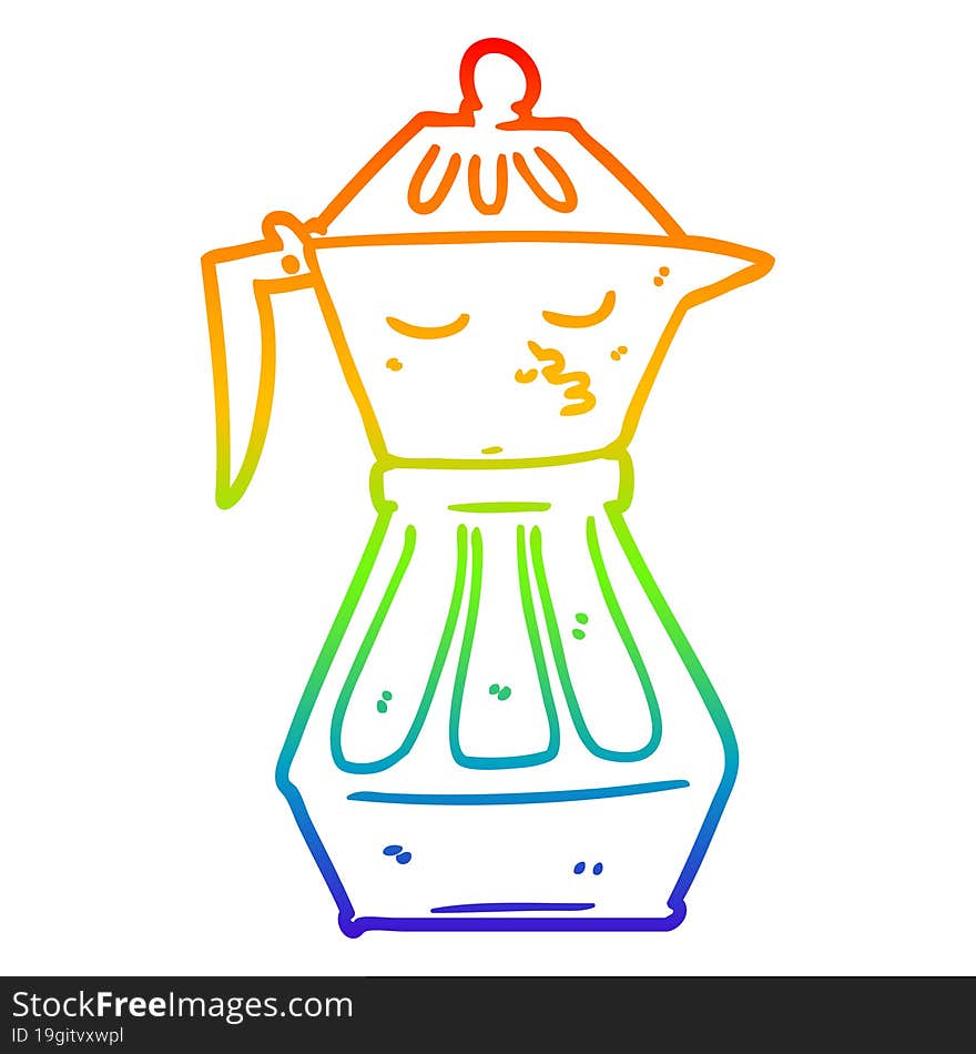 rainbow gradient line drawing of a cartoon coffee pot