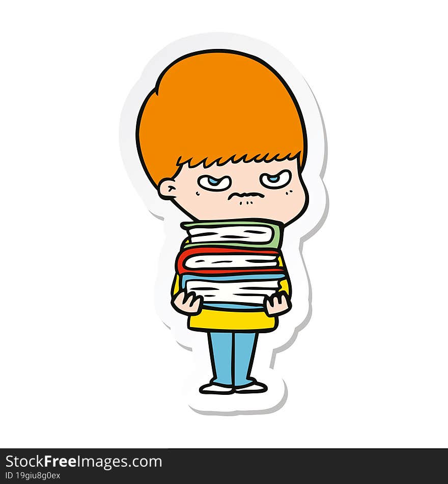 Sticker Of A Angry Cartoon Boy With Books