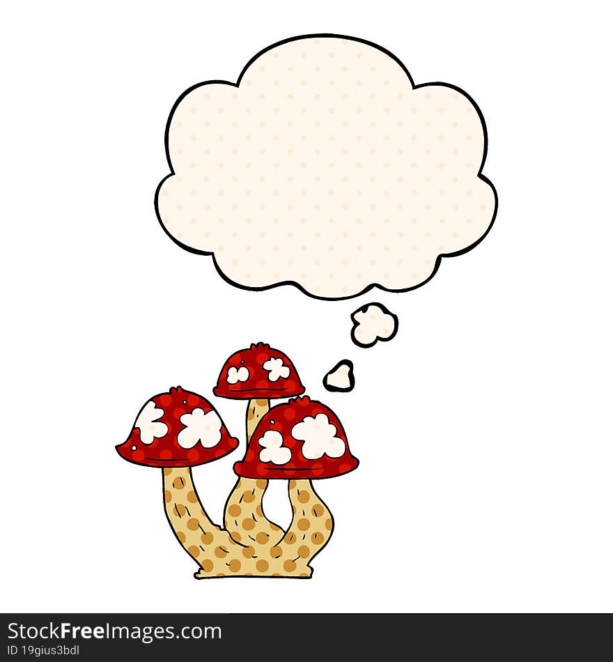 cartoon mushrooms and thought bubble in comic book style