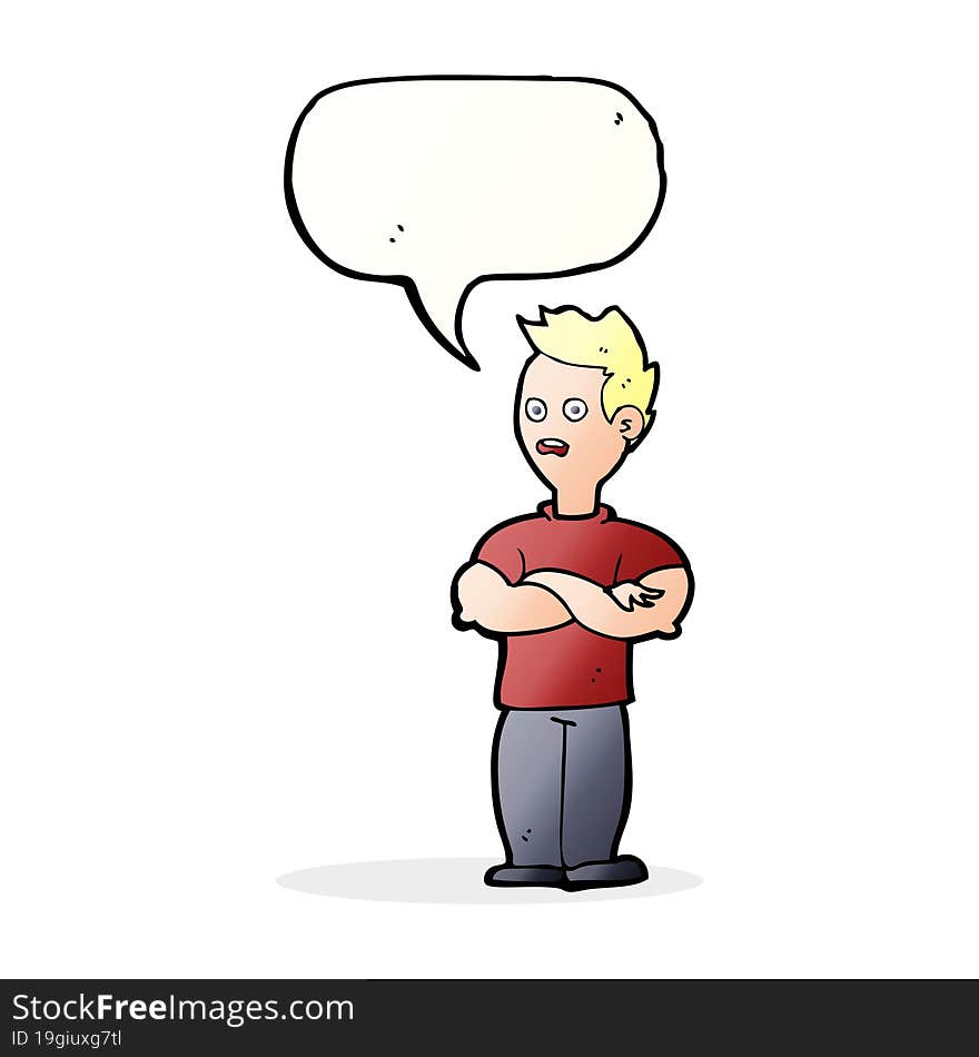 cartoon man with crossed arms with speech bubble