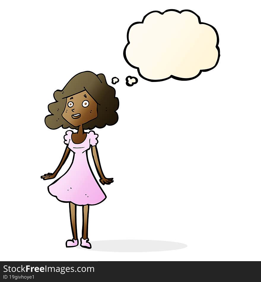 cartoon happy woman in dress with thought bubble