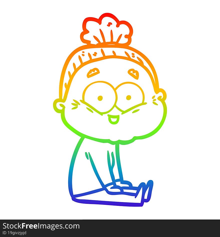 rainbow gradient line drawing of a cartoon happy old woman