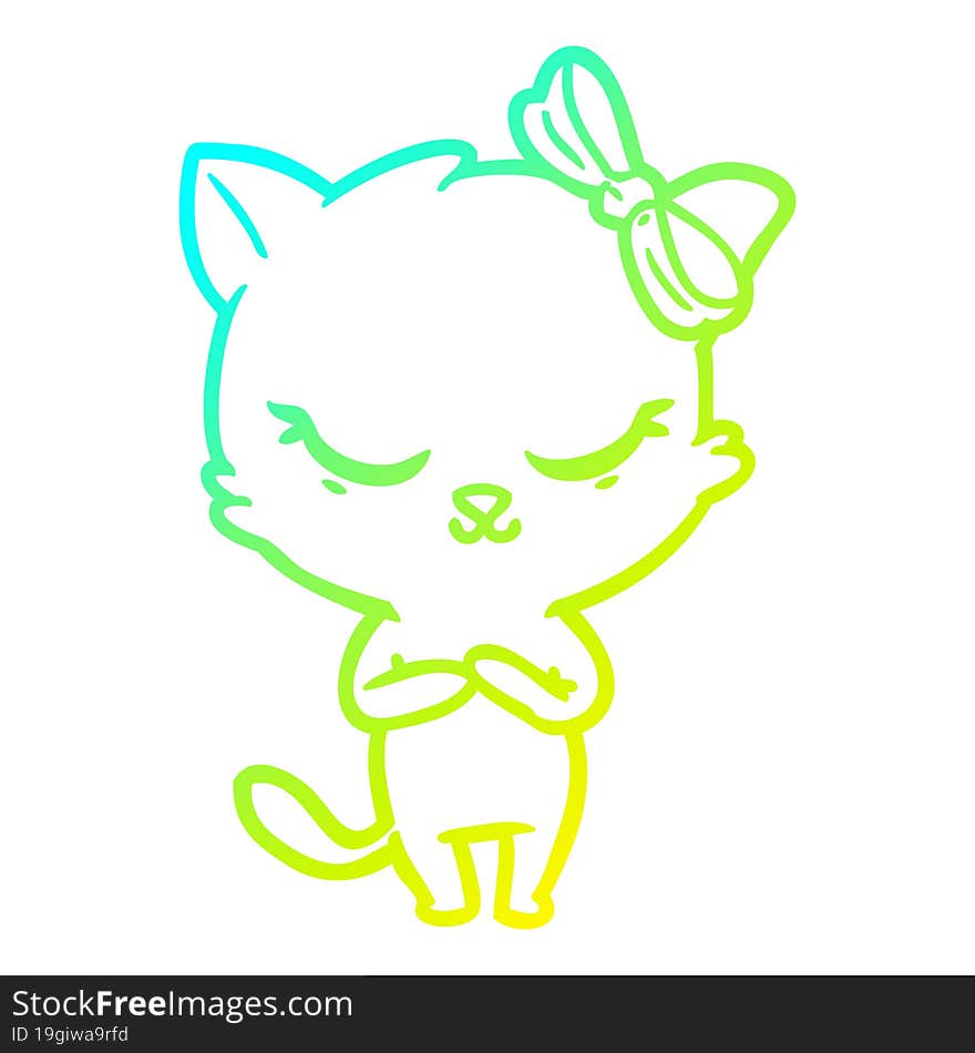 cold gradient line drawing cute cartoon cat with bow