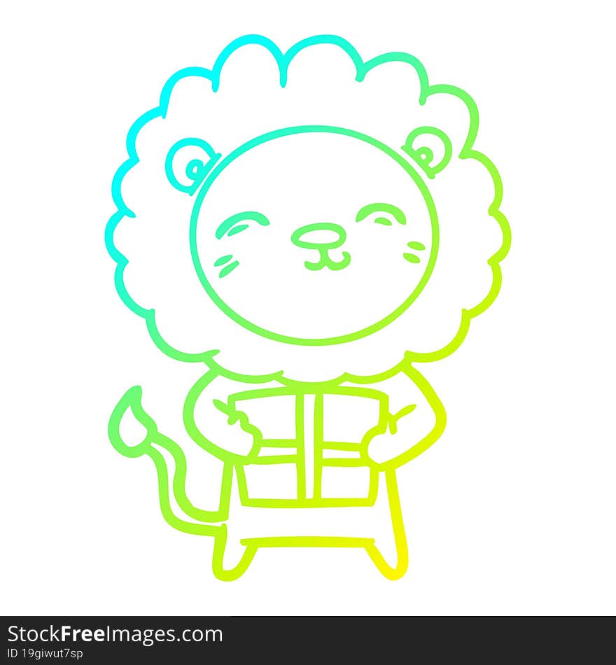 cold gradient line drawing cartoon lion with christmas present