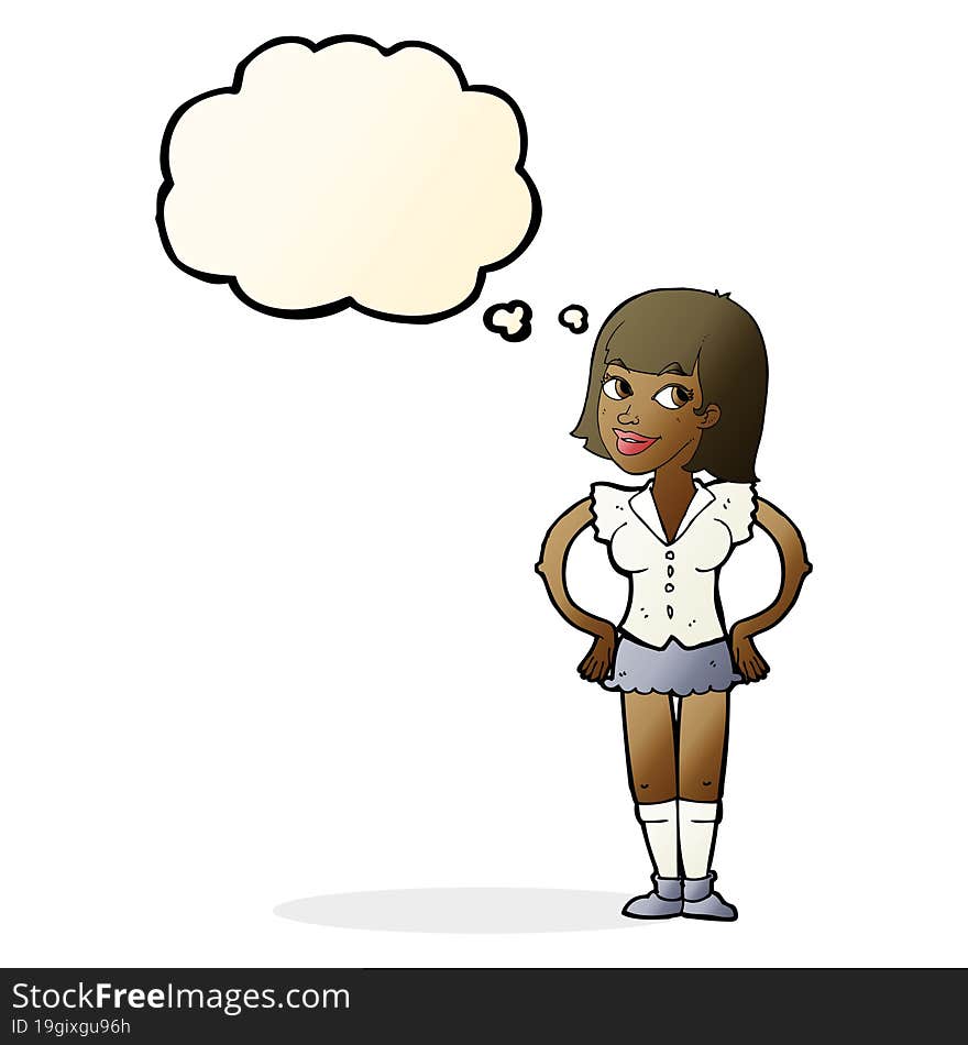 cartoon woman with hands on hips with thought bubble