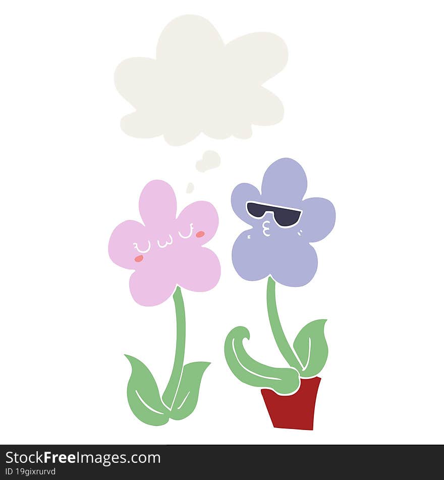 cute cartoon flower with thought bubble in retro style