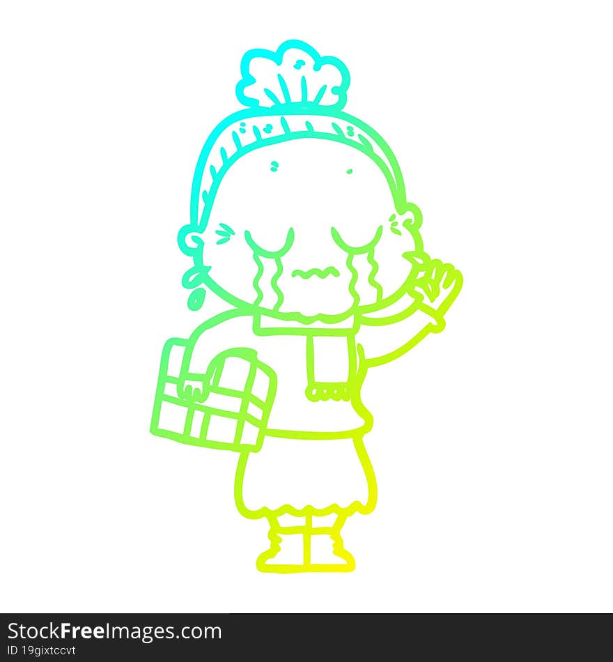 cold gradient line drawing cartoon crying old lady