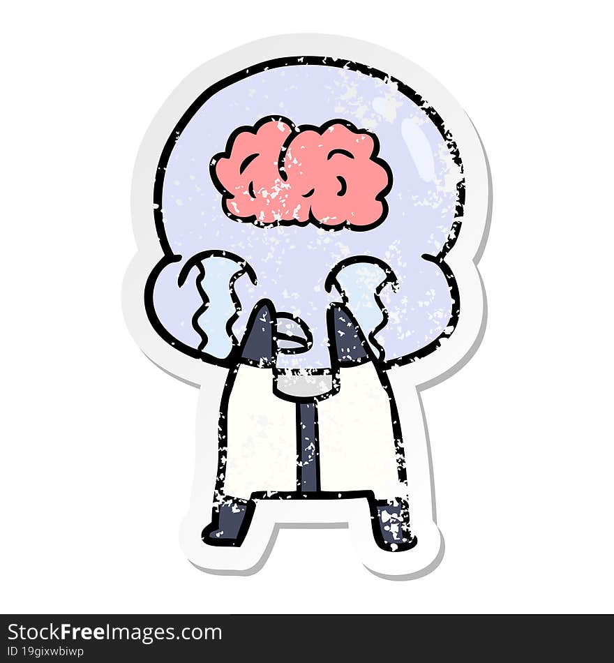 distressed sticker of a cartoon big brain alien crying