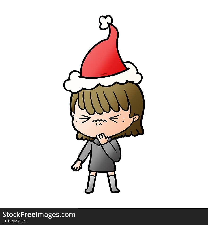 hand drawn gradient cartoon of a girl regretting a mistake wearing santa hat