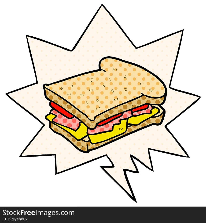 cartoon ham cheese tomato sandwich and speech bubble in comic book style