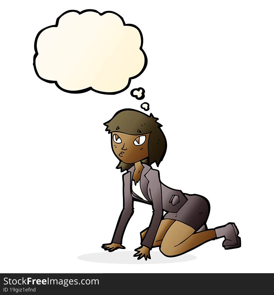 cartoon woman on hands and knees with thought bubble