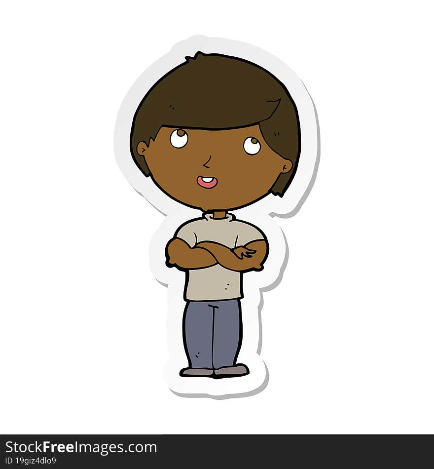 sticker of a cartoon happy man with folded arm