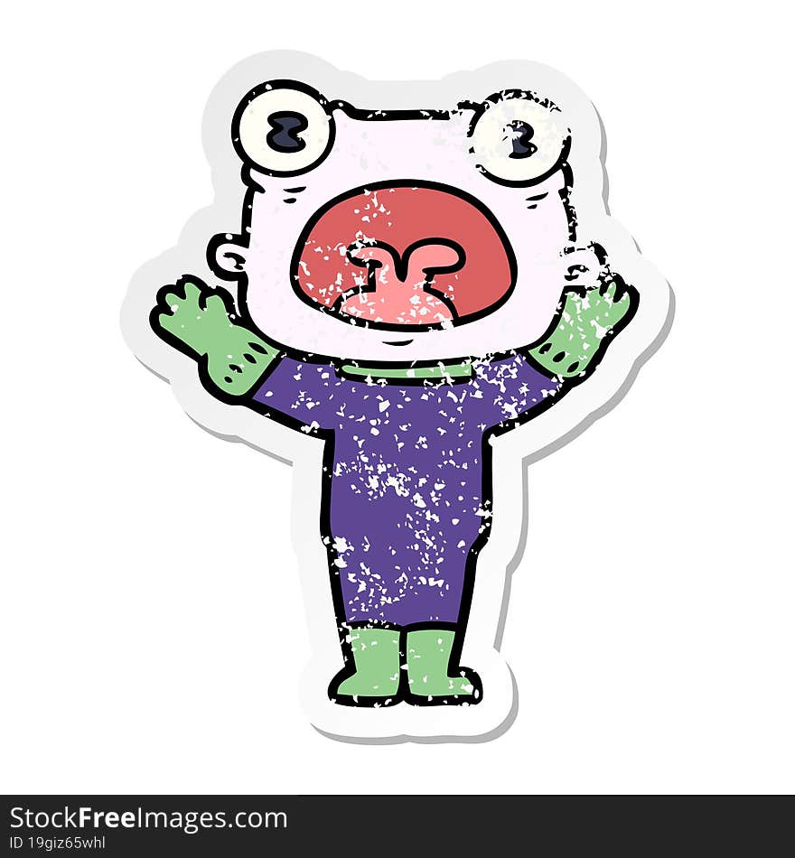 distressed sticker of a cartoon weird alien communicating