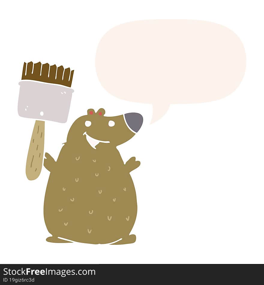 cartoon bear and paint brush and speech bubble in retro style