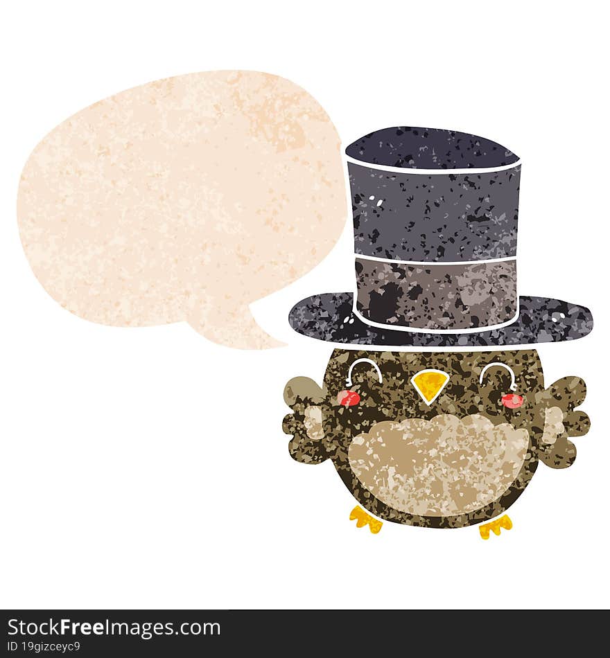 cartoon owl wearing top hat and speech bubble in retro textured style