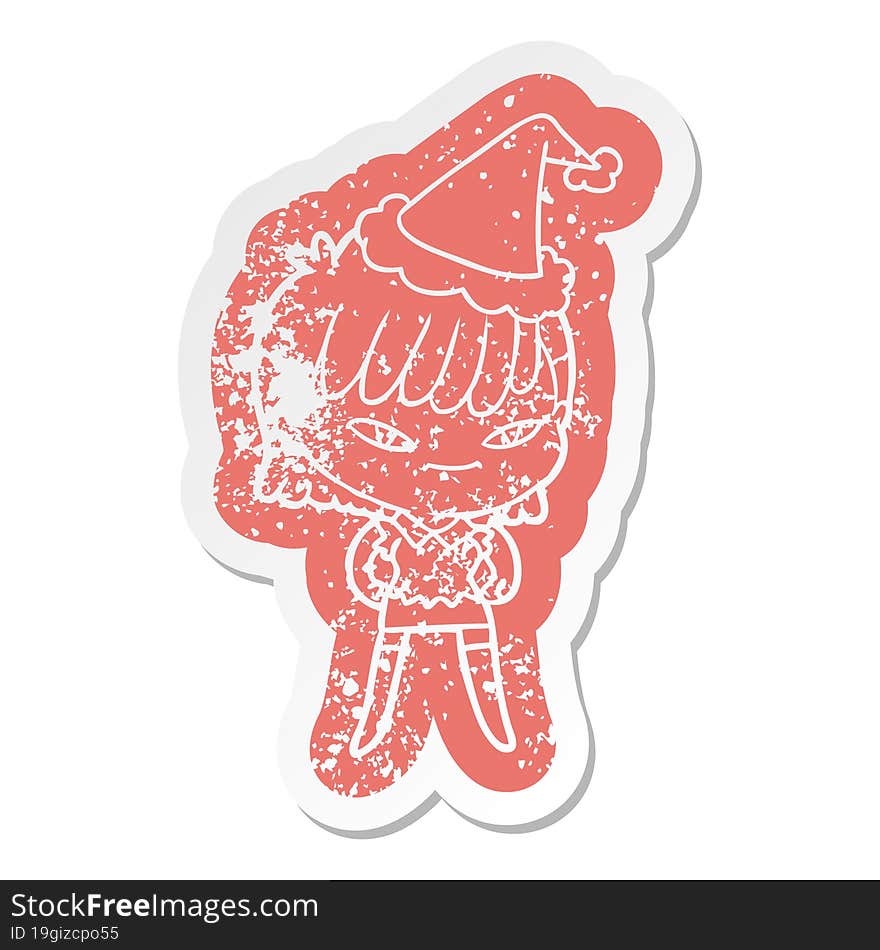 quirky cartoon distressed sticker of a woman wearing santa hat