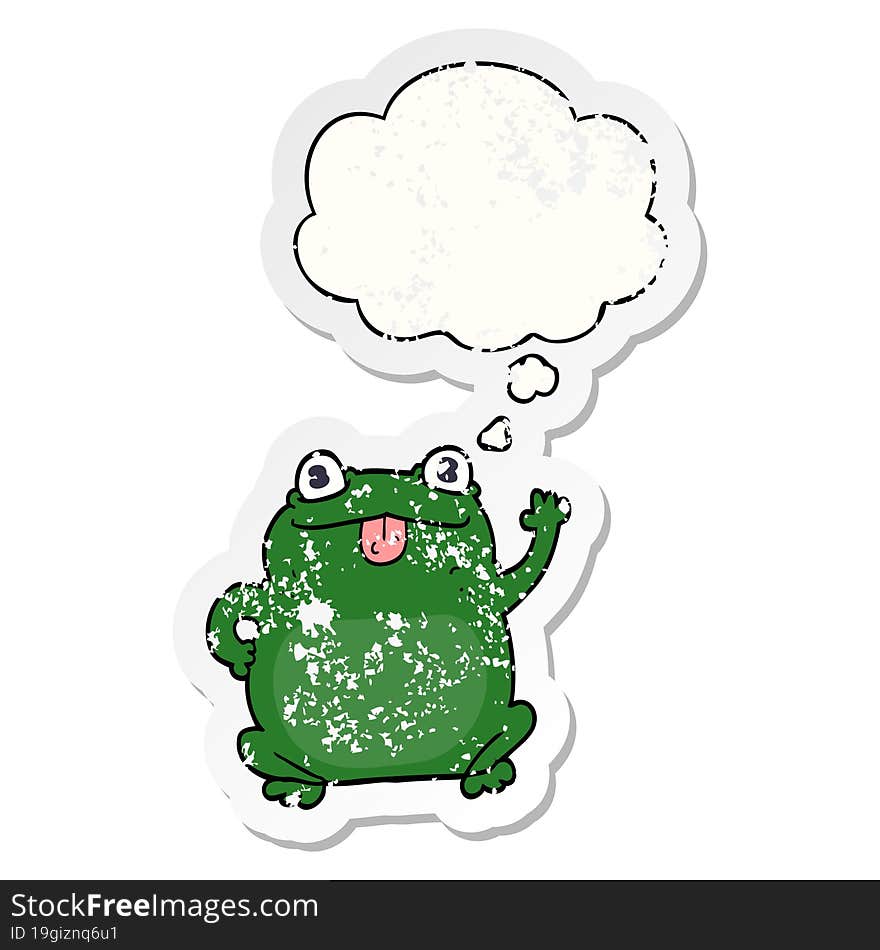 cartoon frog and thought bubble as a distressed worn sticker