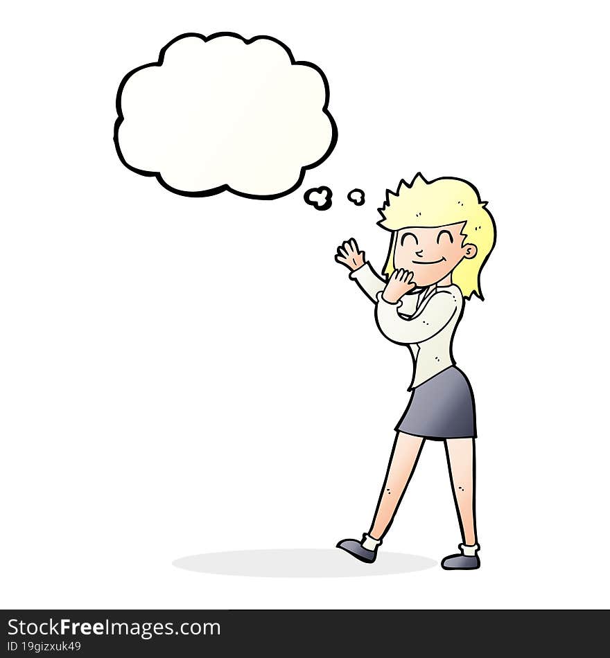 cartoon happy businesswoman with thought bubble