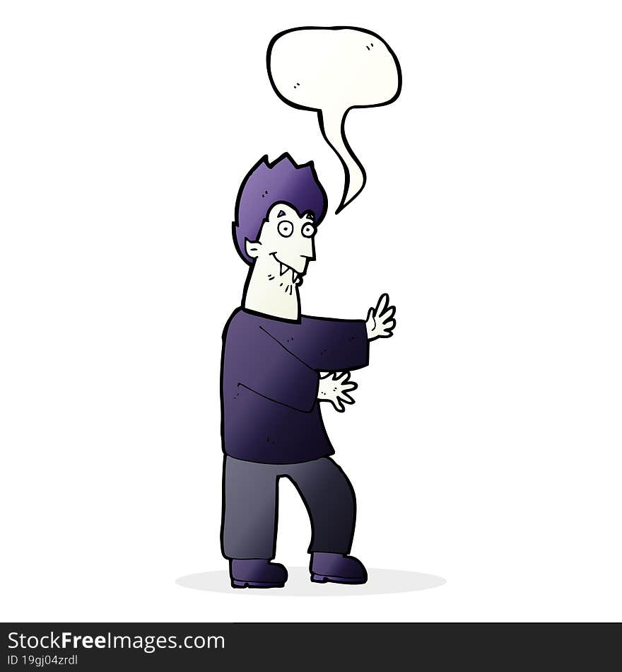 cartoon vampire waving hands with speech bubble