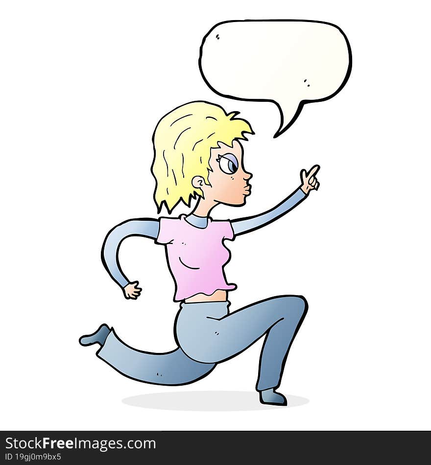 cartoon woman running and pointing with speech bubble