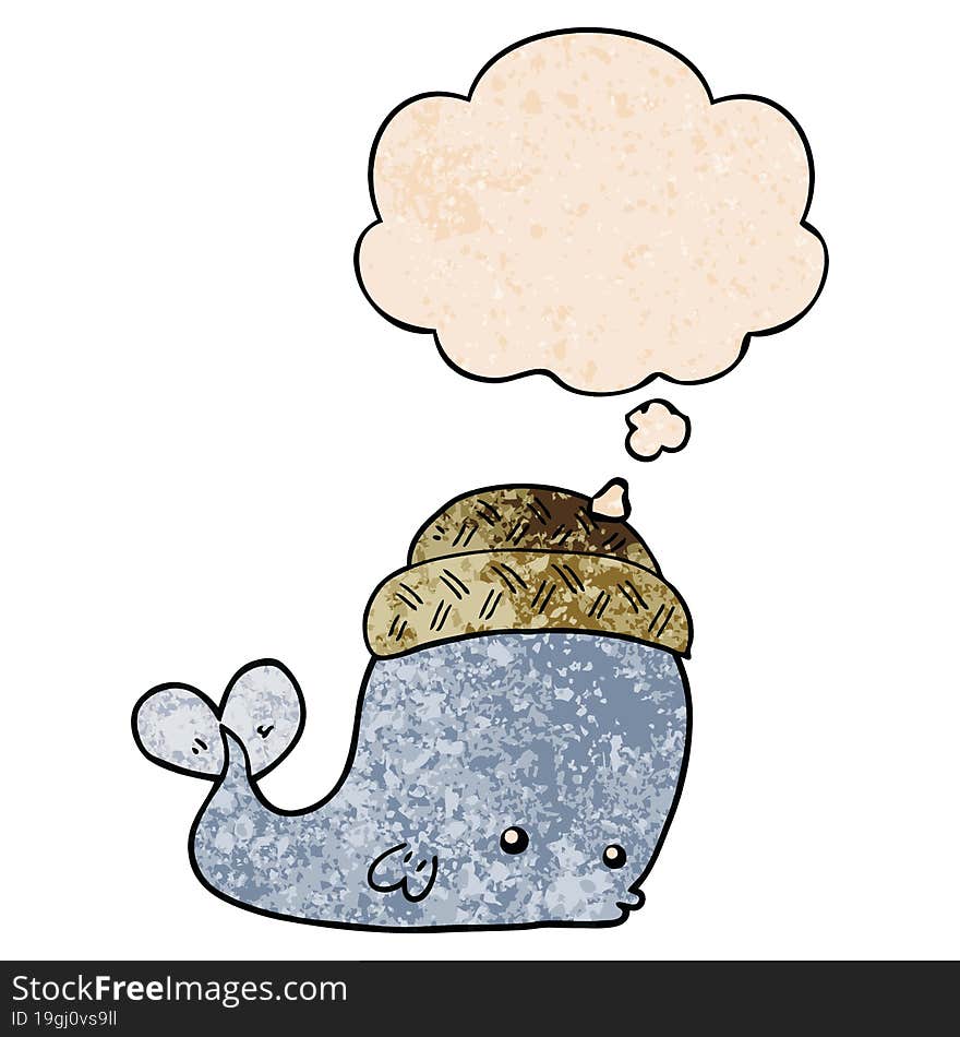 cartoon whale wearing hat and thought bubble in grunge texture pattern style