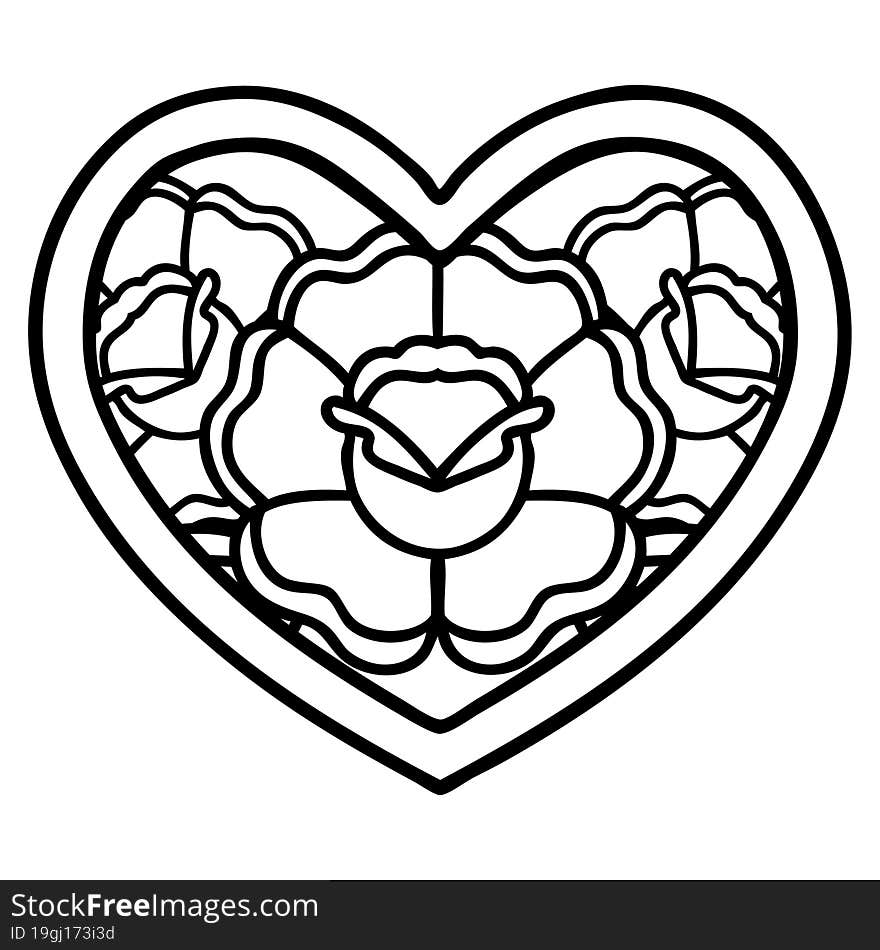 black line tattoo of a heart and flowers