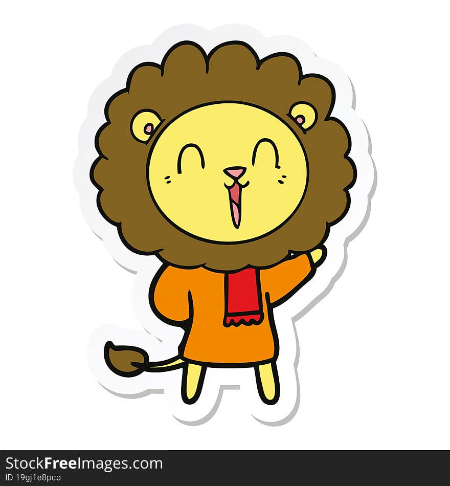 sticker of a laughing lion cartoon in winter clothes